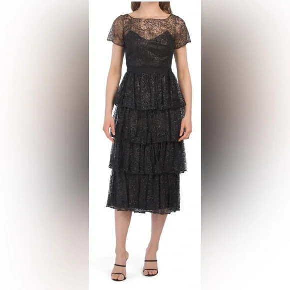 slim fit dress slacks Marchesa Notte Embroidered Foiled Tea-Length Dress